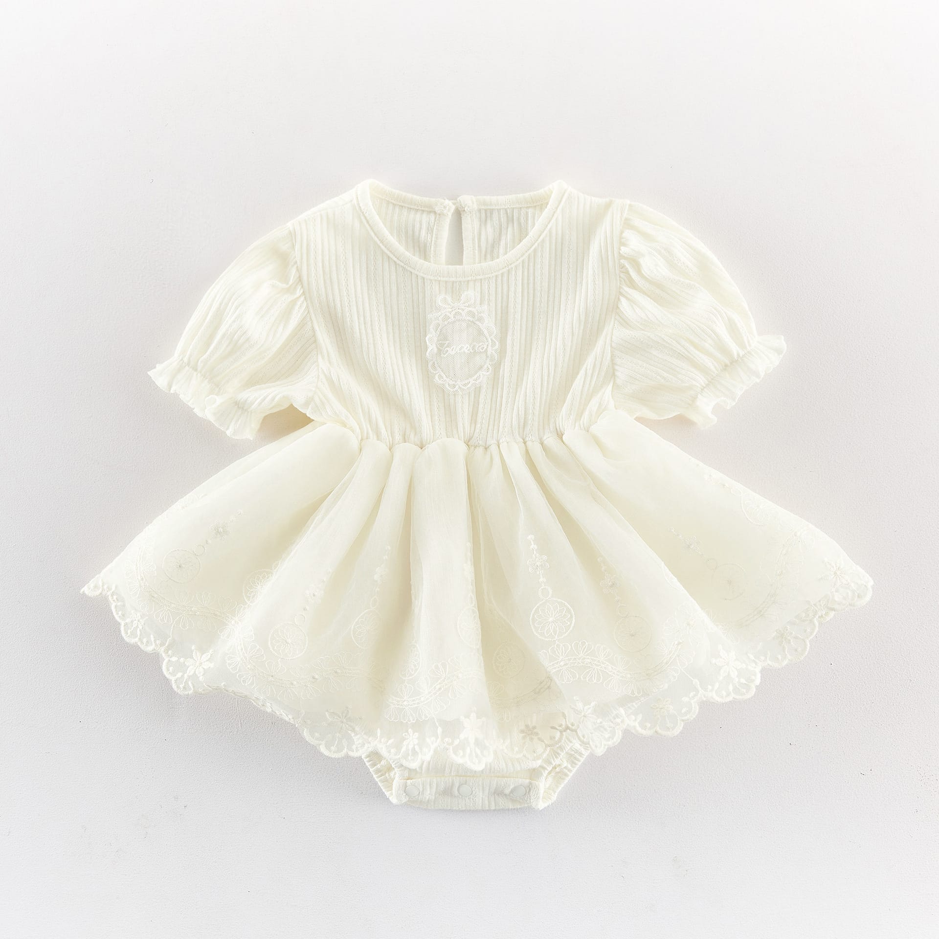 Lace Ruffle Mesh Patchwork Puff Sleeve Romper レース 半袖ロンパース【mh0013433】 Apricot / 66cm angou