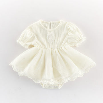 Lace Ruffle Mesh Patchwork Puff Sleeve Romper レース 半袖ロンパース【mh0013433】 Apricot / 66cm angou