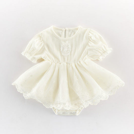Lace Ruffle Mesh Patchwork Puff Sleeve Romper レース 半袖ロンパース【mh0013433】 Apricot / 66cm angou