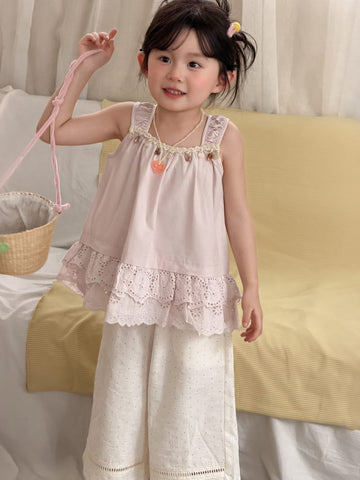 Lace Trim Cotton Tank Top レース 刺繍 スクエアネック ノースリーブブラウス【mh0012760】 Pink / 90cm MaiTianJi タンクトップ・キャミソール・ノースリーブトップス