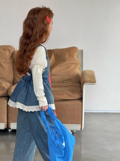 Lace Trim Denim Overalls レース デニム サロペットパンツ【mh0012311】 Jianzidan