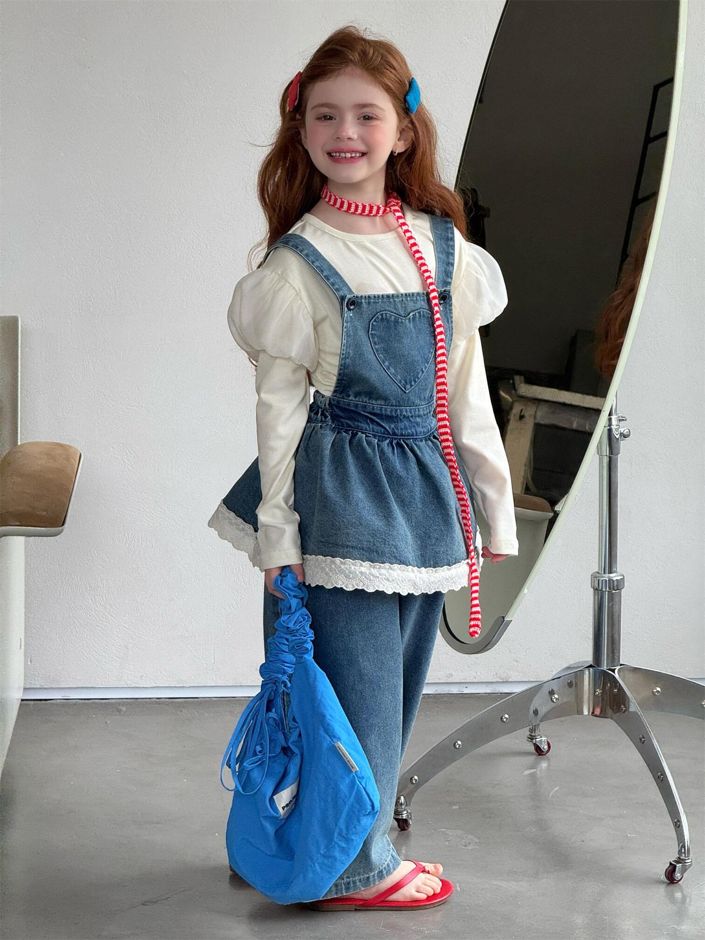 Lace Trim Denim Overalls レース デニム サロペットパンツ【mh0012311】 Navy Blue / 90cm Jianzidan