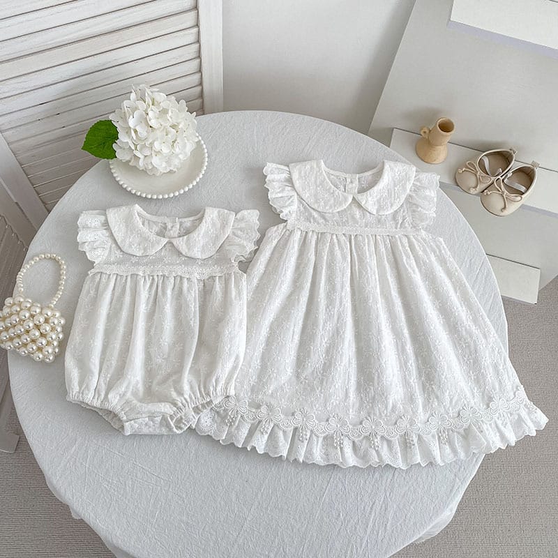 Lace Trim Doll Collar Romper Dress ラッフル ロンパース ミモレ丈ワンピース【mh0013160】 Aeg babyi ノースリーブロンパース
