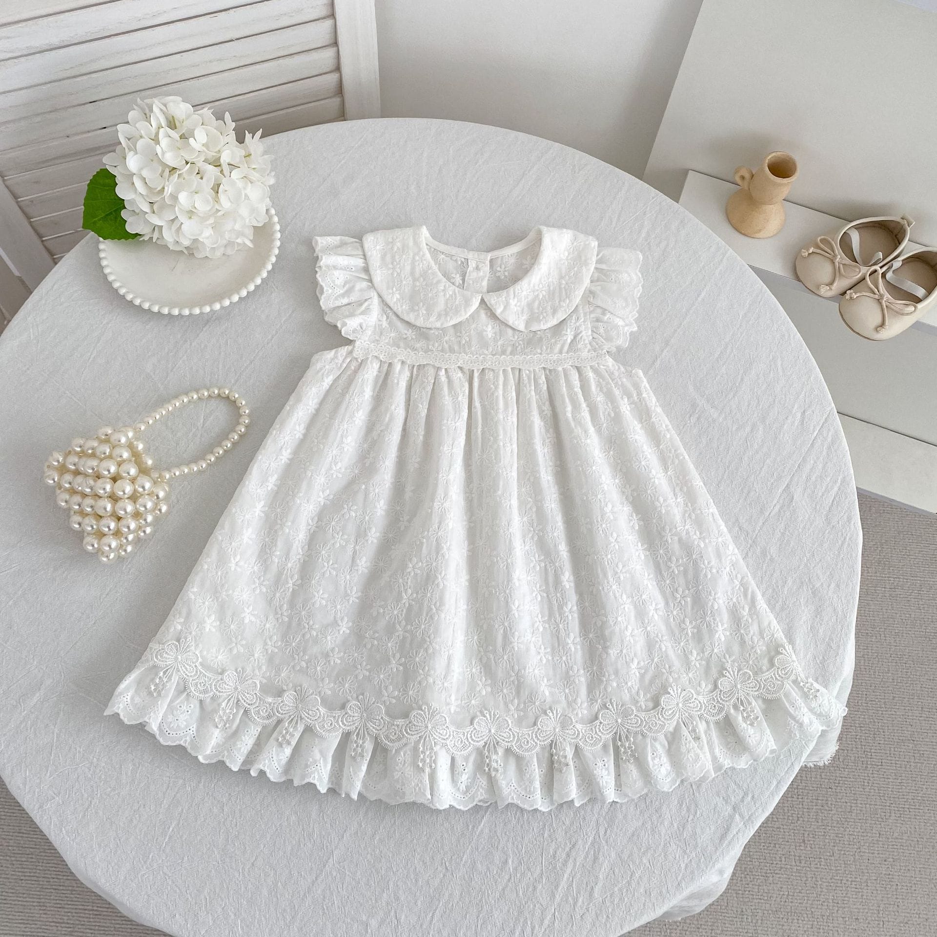 Lace Trim Doll Collar Romper Dress ラッフル ロンパース ミモレ丈ワンピース【mh0013160】 Aeg babyi ノースリーブロンパース
