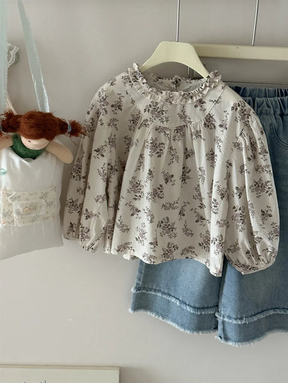 長袖シャツ・ブラウス キッズトップス ラッフル襟長袖パフスリーブブラウス 5デザイン【mh0008944】