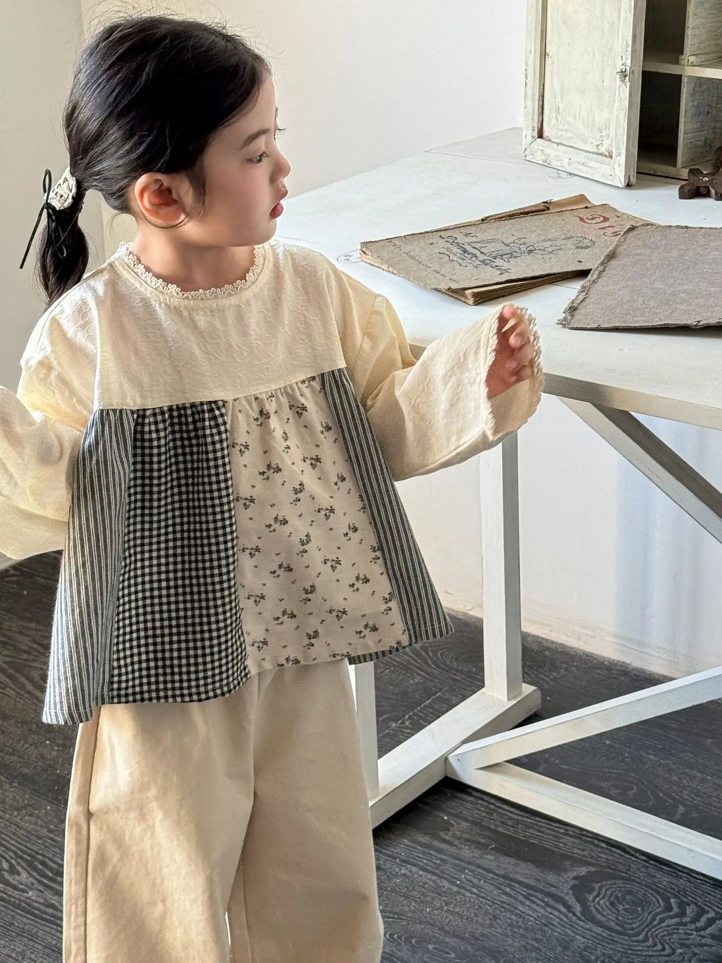 長袖シャツ・ブラウス キッズトップス ラッフル襟長袖パフスリーブブラウス 5デザイン【mh0008944】