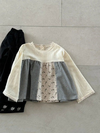 長袖シャツ・ブラウス キッズトップス ラッフル襟長袖パフスリーブブラウス 5デザイン【mh0008944】