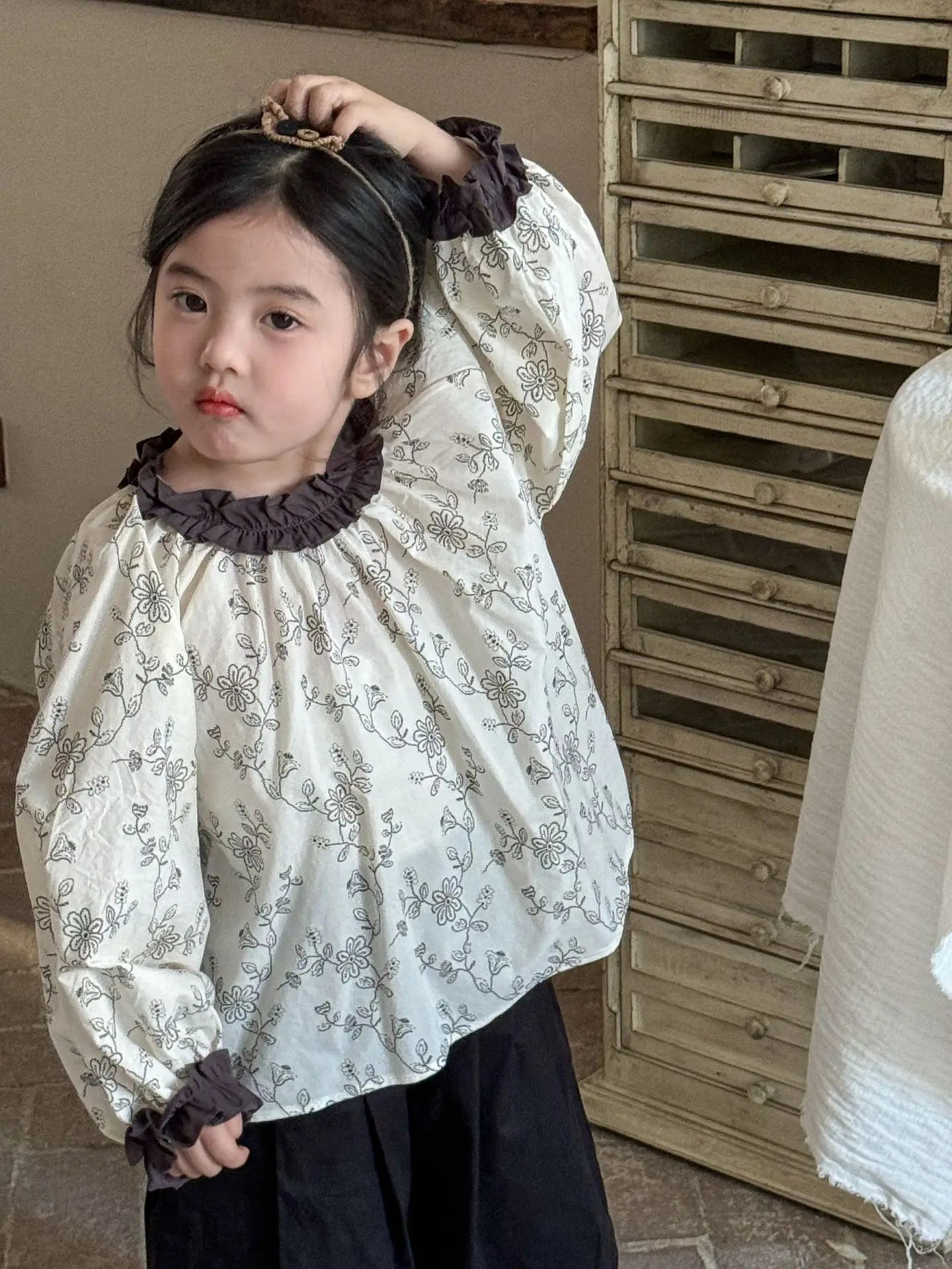 長袖シャツ・ブラウス キッズトップス ラッフル襟長袖パフスリーブブラウス 5デザイン【mh0008944】