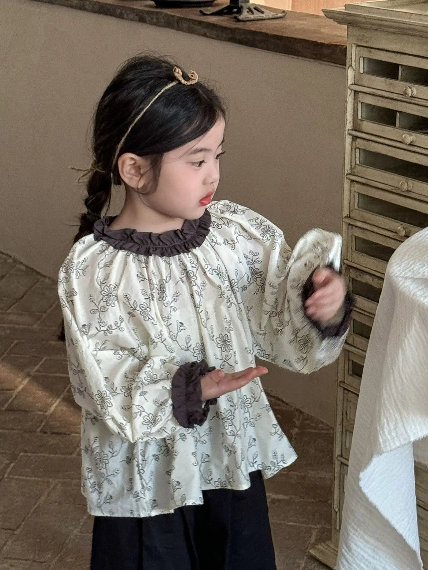 長袖シャツ・ブラウス キッズトップス ラッフル襟長袖パフスリーブブラウス 5デザイン【mh0008944】