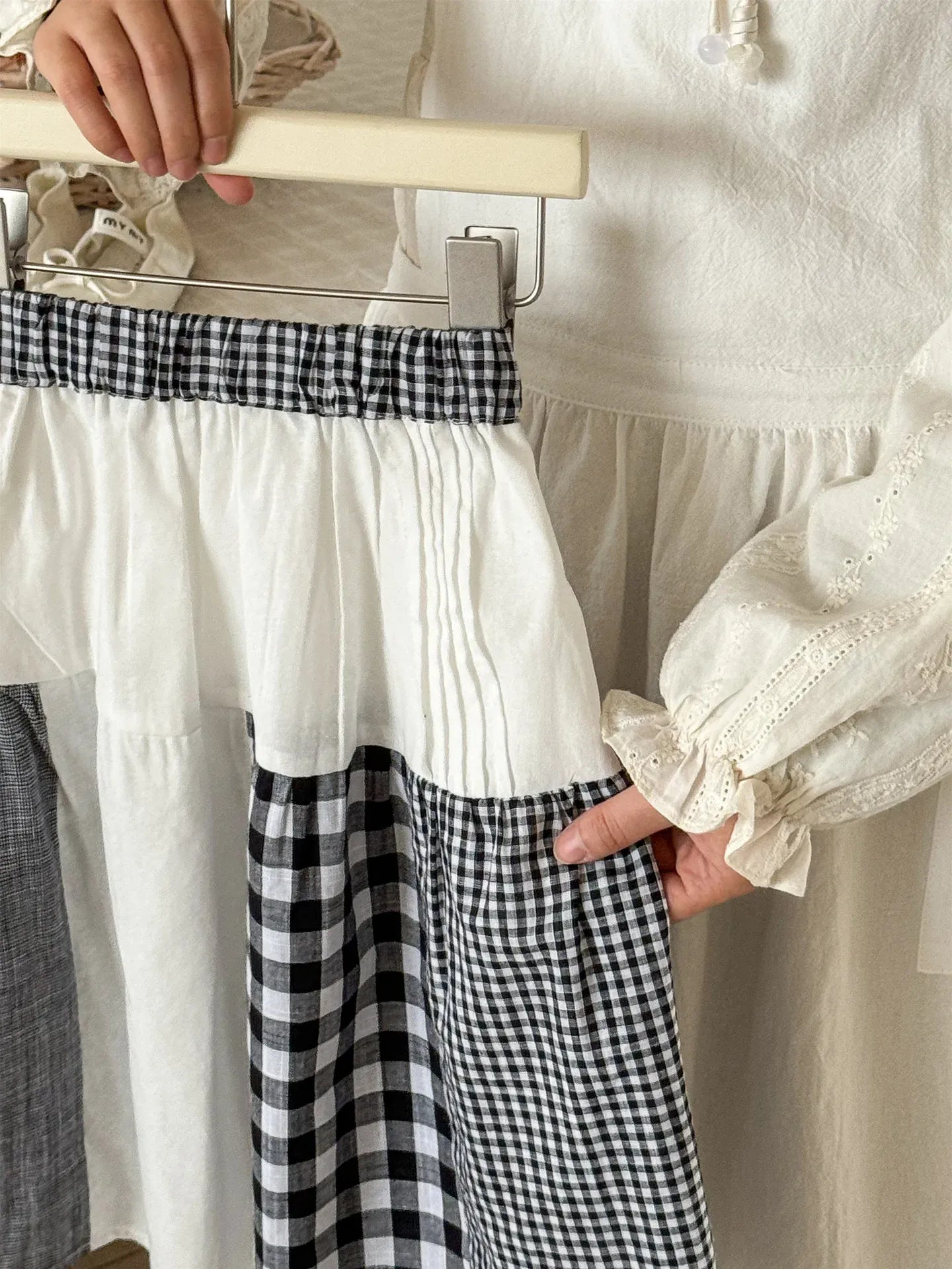 スカート キッズスカート チェックパッチワークAラインナチュラルスカート【mh0008942】