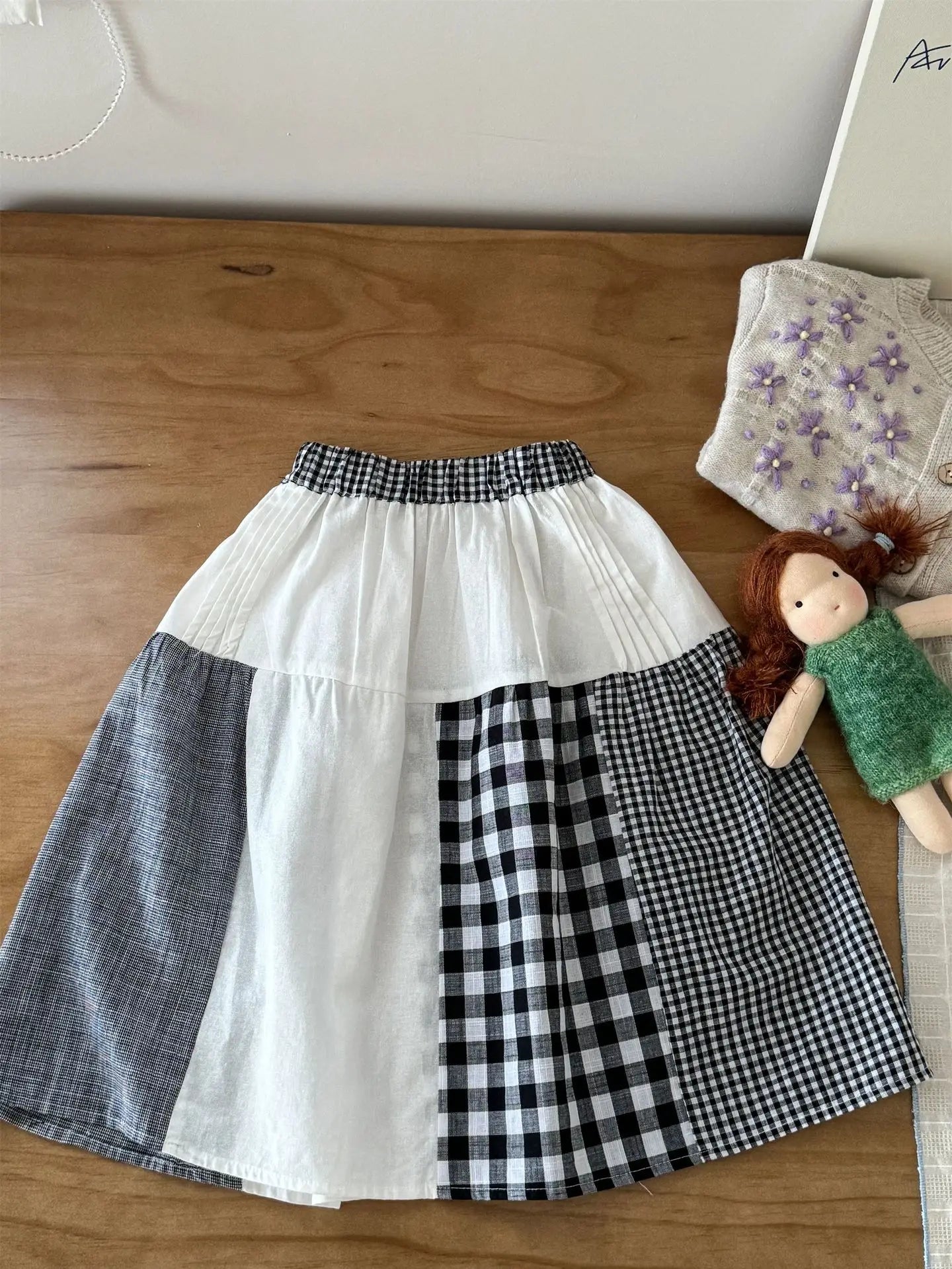 スカート キッズスカート チェックパッチワークAラインナチュラルスカート【mh0008942】