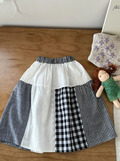 スカート キッズスカート チェックパッチワークAラインナチュラルスカート【mh0008942】