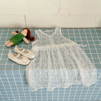 ノースリーブワンピース Beige / 2T (90) キッズワンピース レース刺繍シアーノースリーブ重ね着ワンピース【mh0008940】