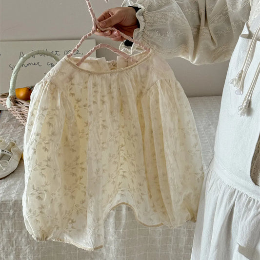 長袖シャツ・ブラウス Beige / 2T-90 キッズトップス フラワー刺繍長袖パフスリーブブラウス【mh0008946】