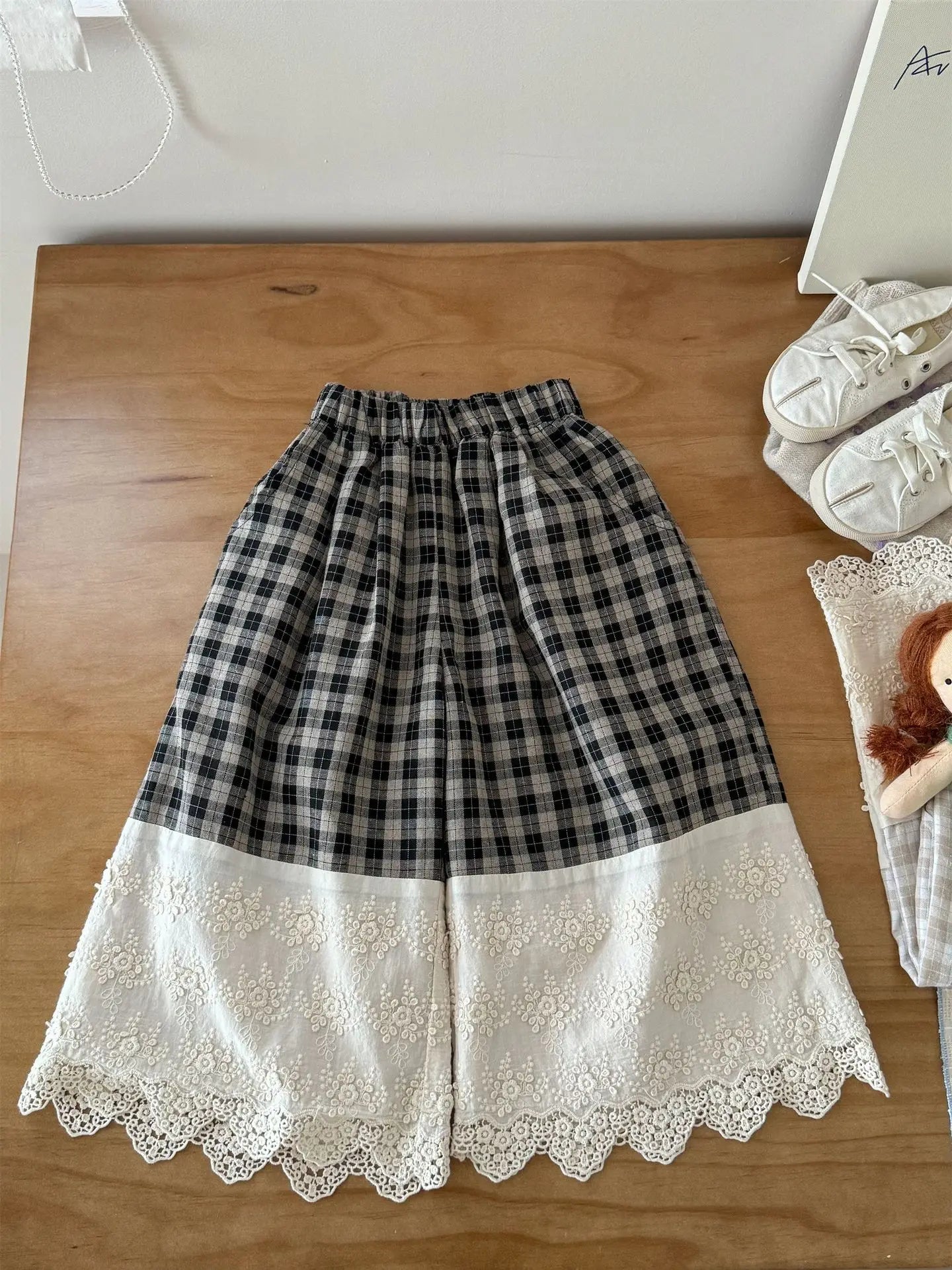 ロングパンツ・スウェットパンツ Black / 2T (90) キッズパンツ レースドッキングチェックワイドルーズガウチョパンツ【mh0008941】