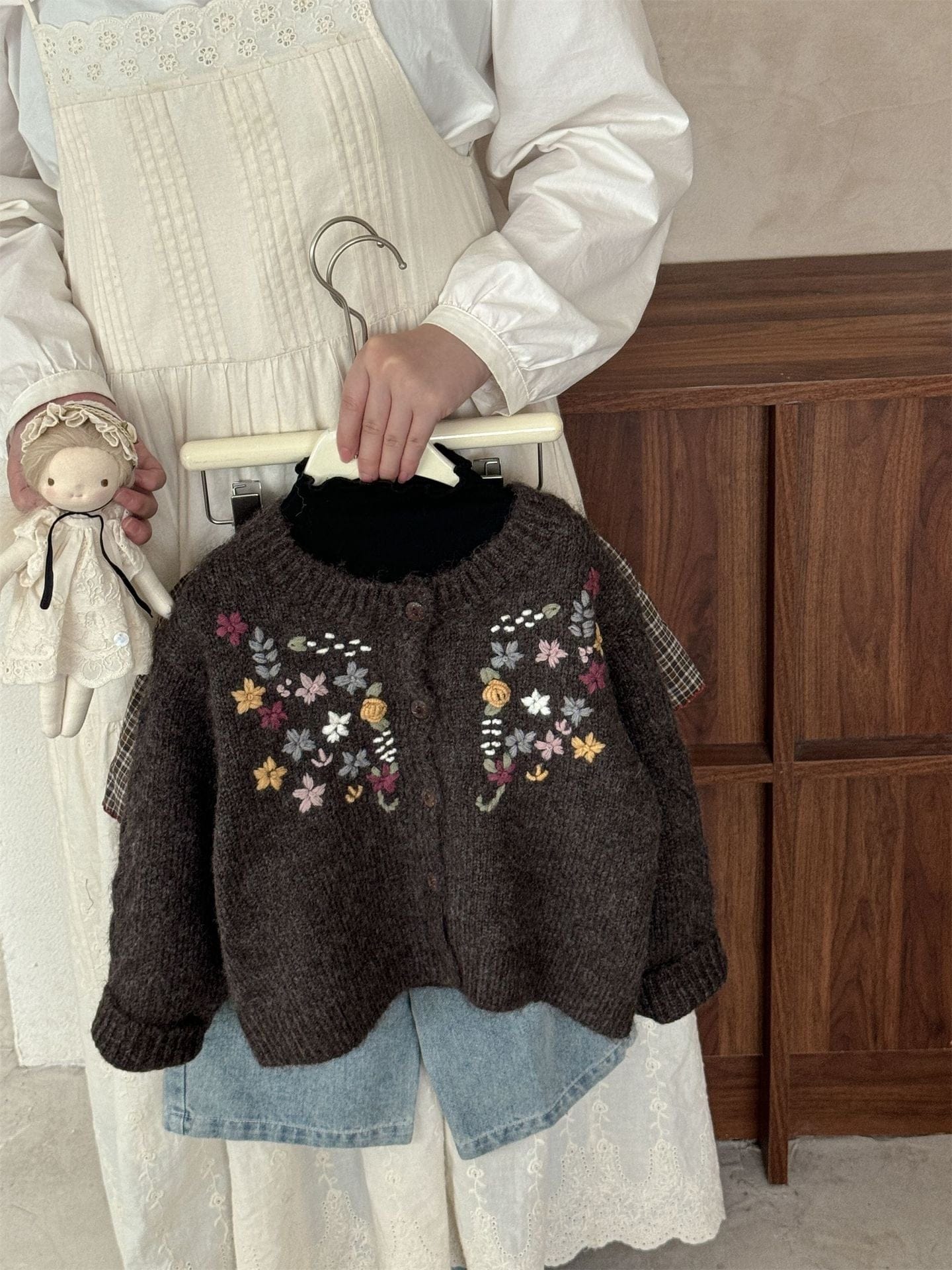 カーディガン・パーカー Coffee / 90cm フラワー刺繍ニットカーディガンジャケット【mh0010536】