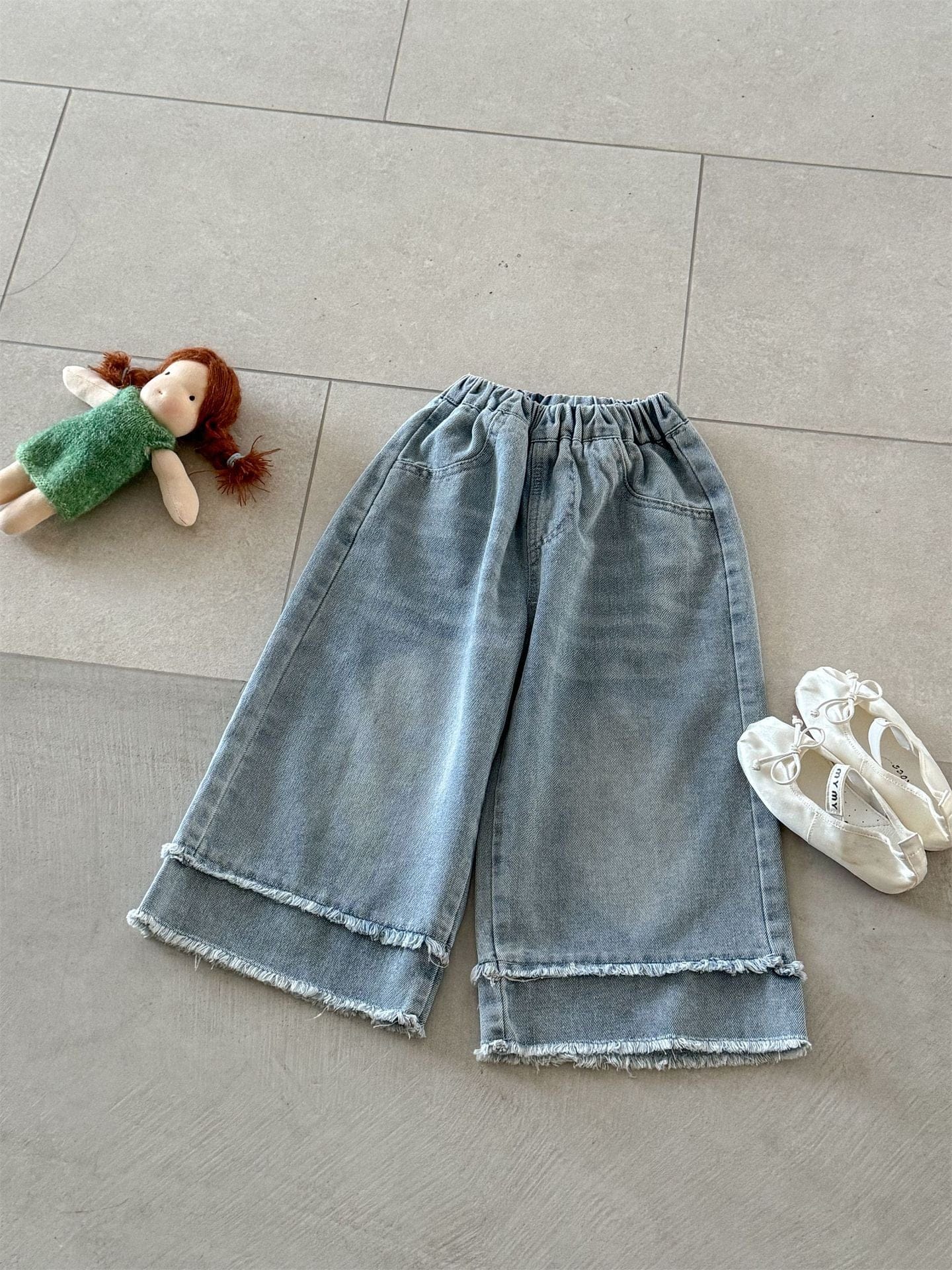 デニムパンツ Denim Blue / 90cm ワイドストレートデニムパンツ 裾パッチワークルーズロングジーンズ【mh0009208】
