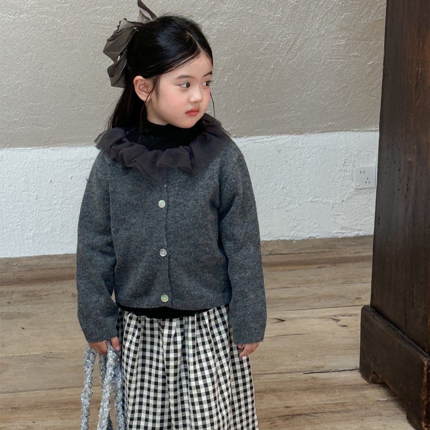 カーディガン・パーカー Gray / 90cm チュールフリル襟ニットカーディガン キッズセーター【mh0010993】