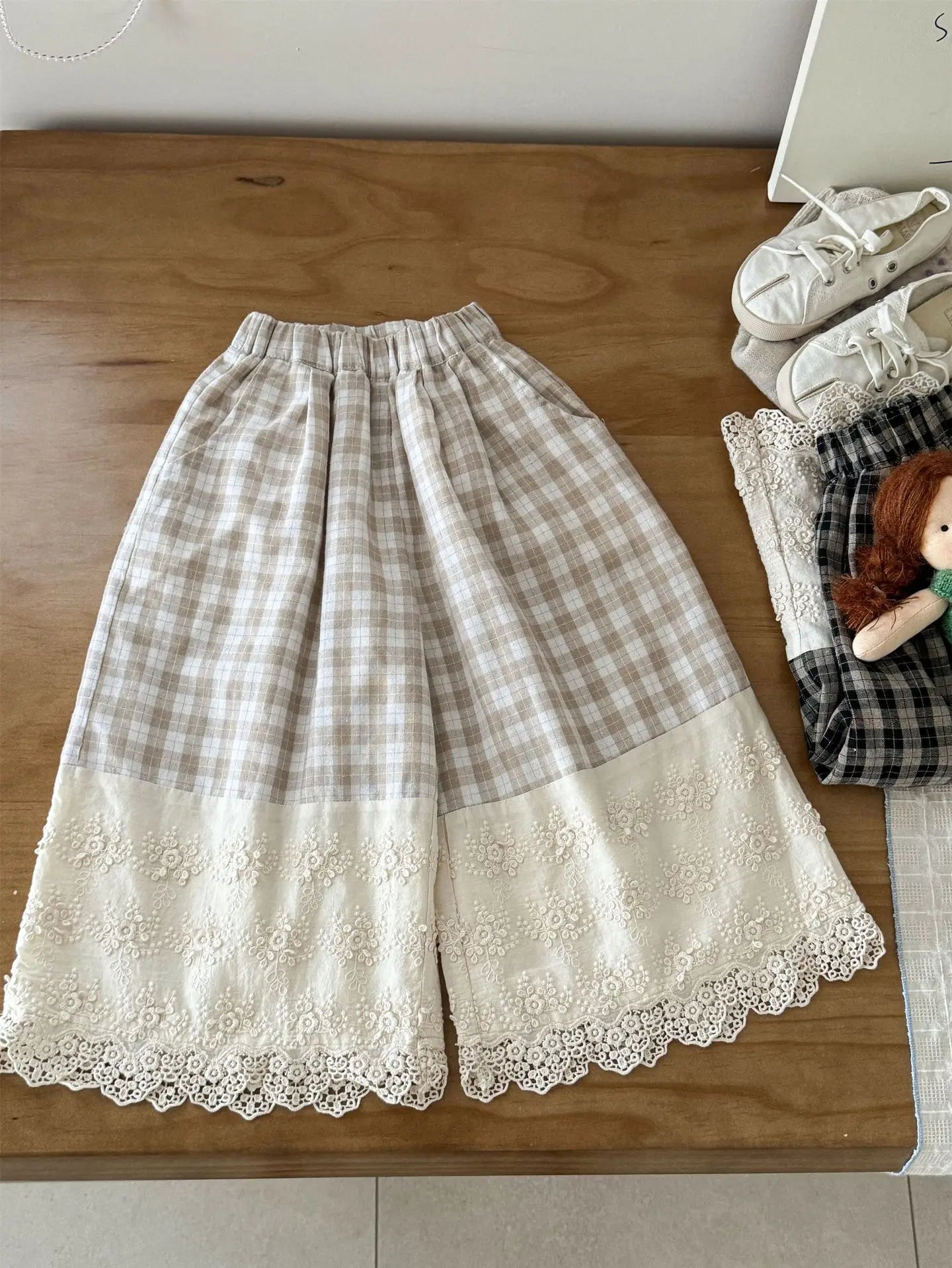 ロングパンツ・スウェットパンツ Khaki / 2T (90) キッズパンツ レースドッキングチェックワイドルーズガウチョパンツ【mh0008941】