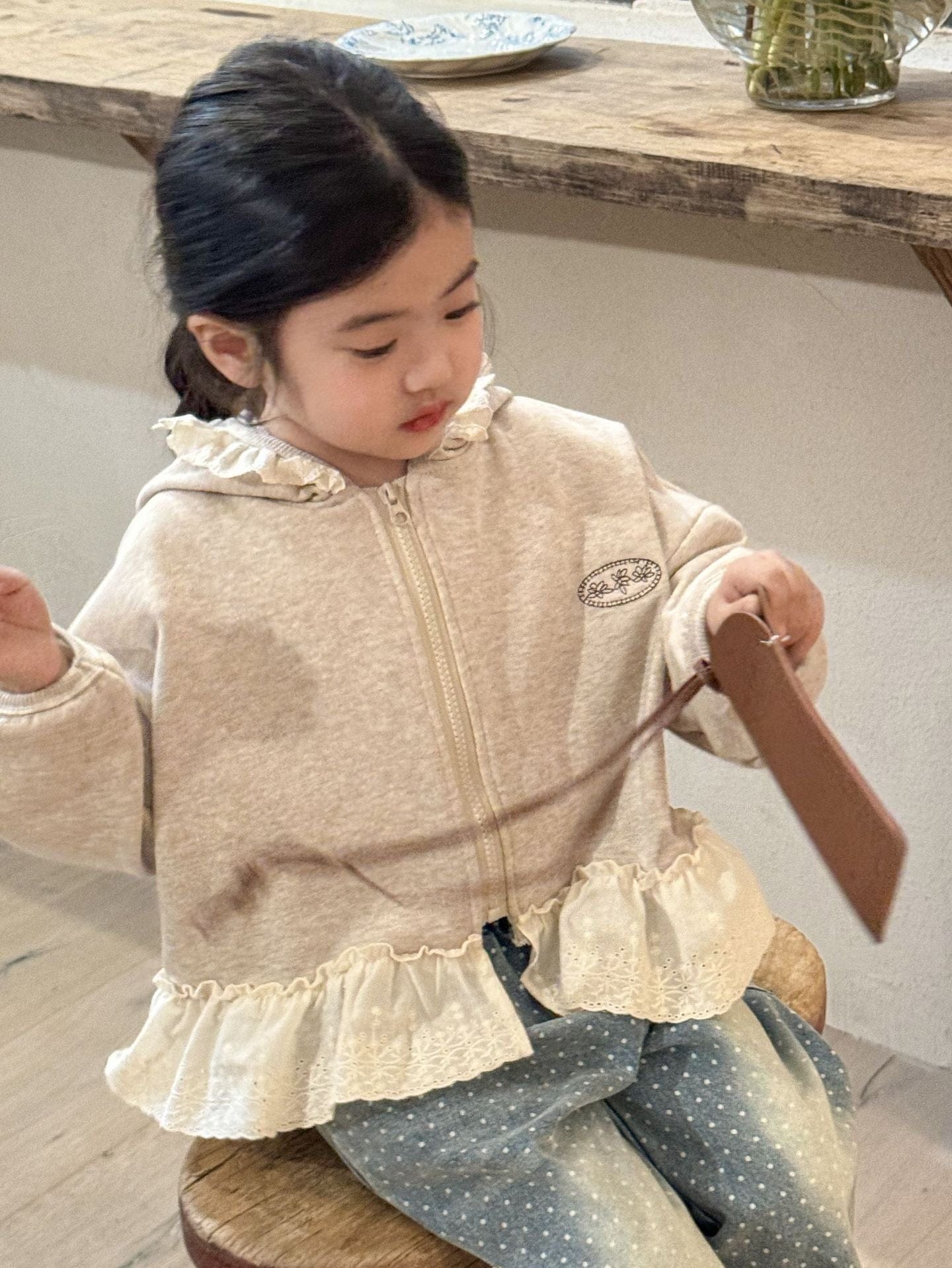 カーディガン・パーカー Light Apricot / 90cm ジップアップフーディパーカージャケット レースフリルペプラムフリルスウェットジャケット【mh0009205】