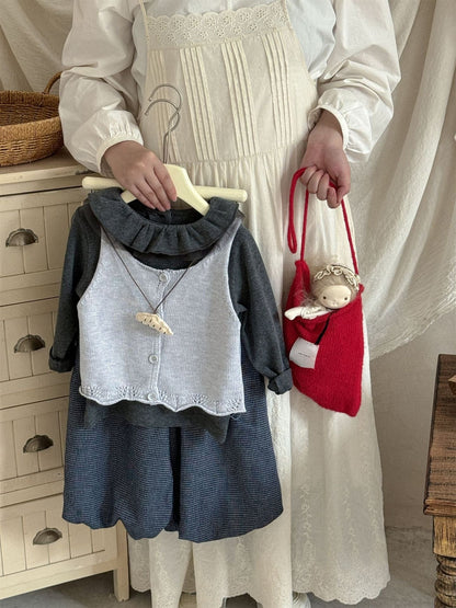 長袖セットアップ Light gray vest / 90cm ニット前あきベスト/ラッフル襟長袖Tシャツ/ピンドットバルーンルーズロングパンツ【mh0010537】