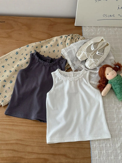 タンクトップ・キャミソール・ノースリーブトップス キッズトップス レースフラワーフリルノースリーブタンクトップ【mh0008935】