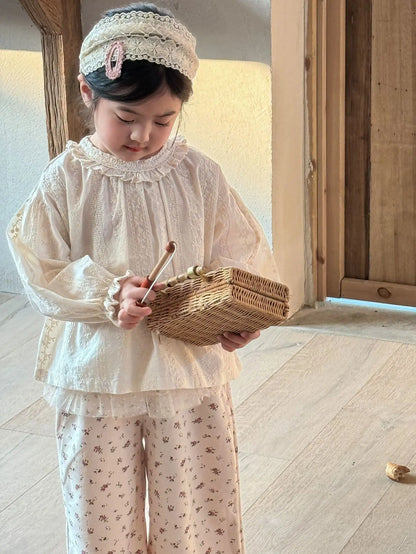 ロングパンツ・スウェットパンツ キッズパンツ チュチュチュールスカートパッチワークフラワープリントワイドルーズストレートパンツ【mh0008939】