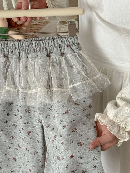 ロングパンツ・スウェットパンツ キッズパンツ チュチュチュールスカートパッチワークフラワープリントワイドルーズストレートパンツ【mh0008939】