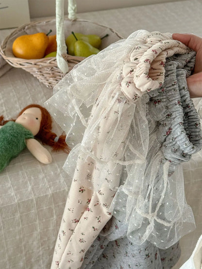 ロングパンツ・スウェットパンツ キッズパンツ チュチュチュールスカートパッチワークフラワープリントワイドルーズストレートパンツ【mh0008939】