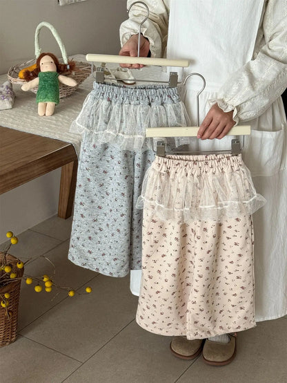 ロングパンツ・スウェットパンツ キッズパンツ チュチュチュールスカートパッチワークフラワープリントワイドルーズストレートパンツ【mh0008939】