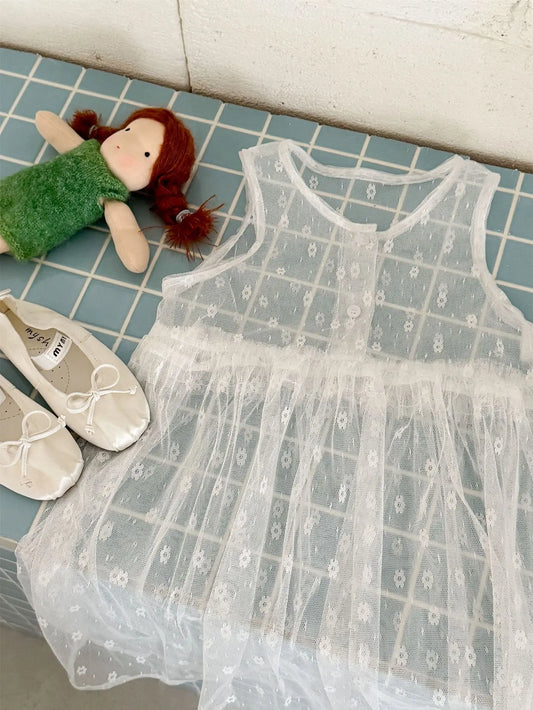 ノースリーブワンピース キッズワンピース レース刺繍シアーノースリーブ重ね着ワンピース【mh0008940】