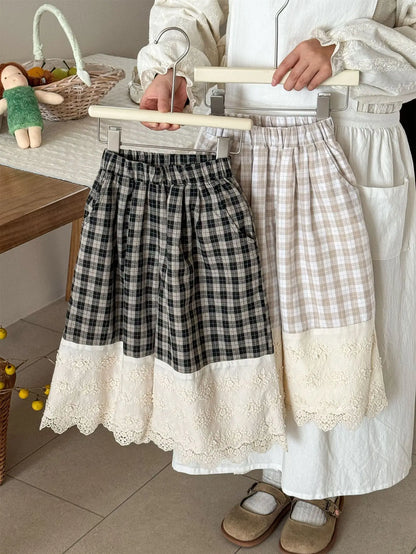 ロングパンツ・スウェットパンツ キッズパンツ レースドッキングチェックワイドルーズガウチョパンツ【mh0008941】