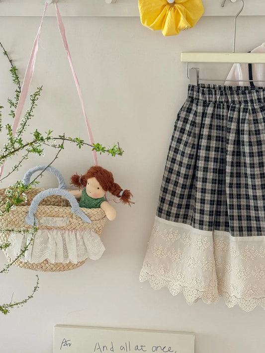 ロングパンツ・スウェットパンツ キッズパンツ レースドッキングチェックワイドルーズガウチョパンツ【mh0008941】