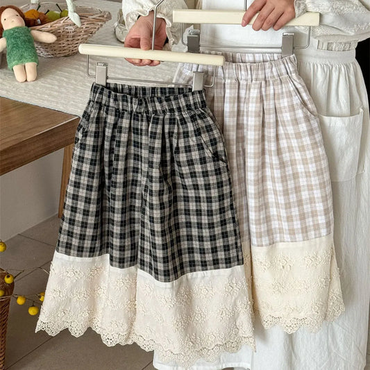 ロングパンツ・スウェットパンツ キッズパンツ レースドッキングチェックワイドルーズガウチョパンツ【mh0008941】