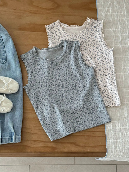 タンクトップ・キャミソール・ノースリーブトップス キッズトップス フラワープリントフリル縁取りノースリーブタンクトップ【mh0008943】