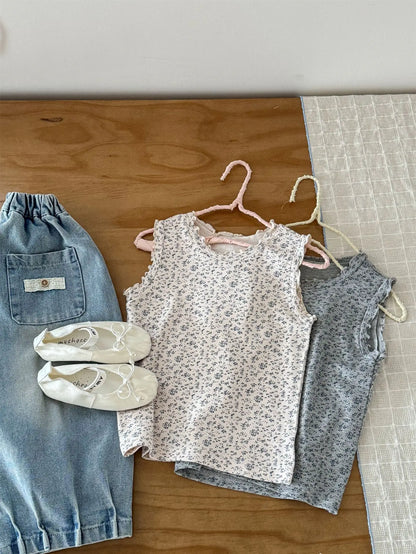 タンクトップ・キャミソール・ノースリーブトップス キッズトップス フラワープリントフリル縁取りノースリーブタンクトップ【mh0008943】