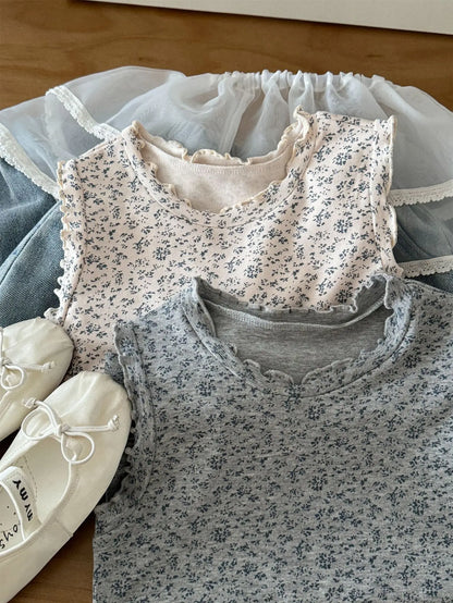 タンクトップ・キャミソール・ノースリーブトップス キッズトップス フラワープリントフリル縁取りノースリーブタンクトップ【mh0008943】