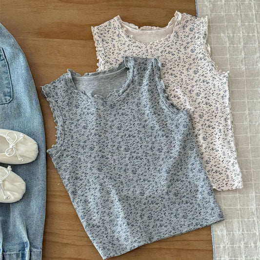 タンクトップ・キャミソール・ノースリーブトップス キッズトップス フラワープリントフリル縁取りノースリーブタンクトップ【mh0008943】