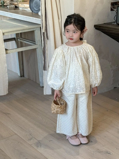 長袖シャツ・ブラウス キッズトップス フラワー刺繍長袖パフスリーブブラウス【mh0008946】