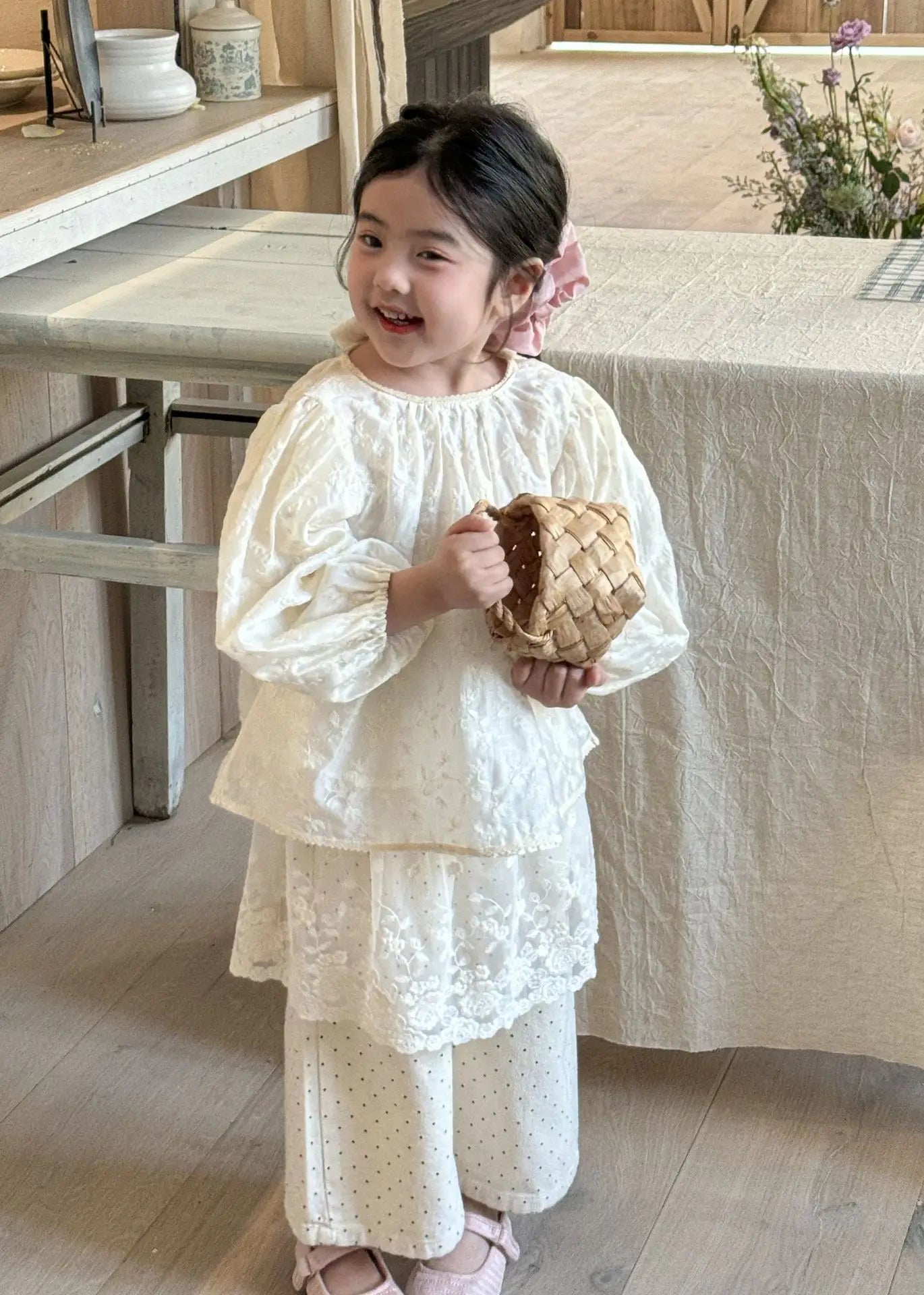 長袖シャツ・ブラウス キッズトップス フラワー刺繍長袖パフスリーブブラウス【mh0008946】