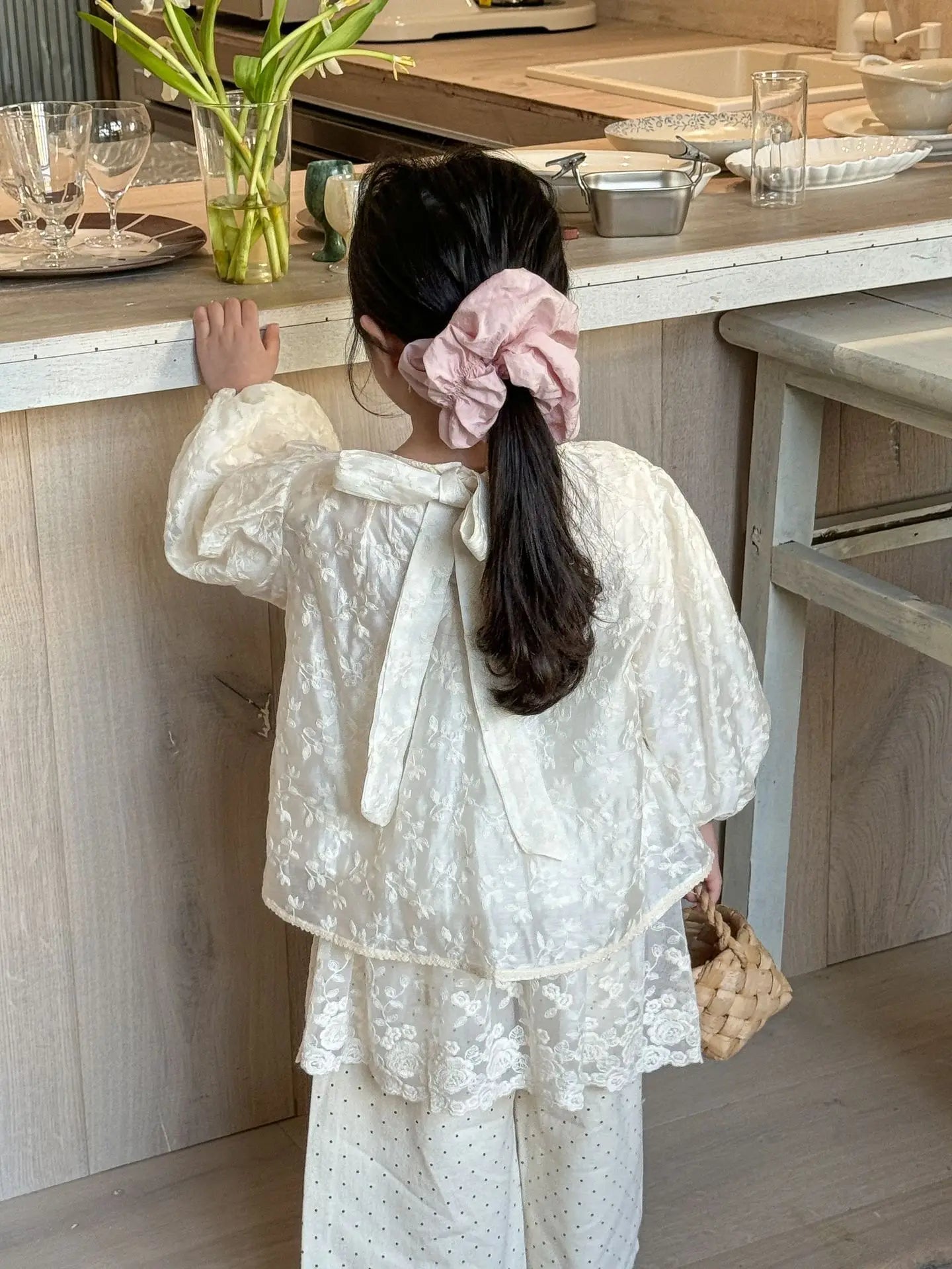 長袖シャツ・ブラウス キッズトップス フラワー刺繍長袖パフスリーブブラウス【mh0008946】