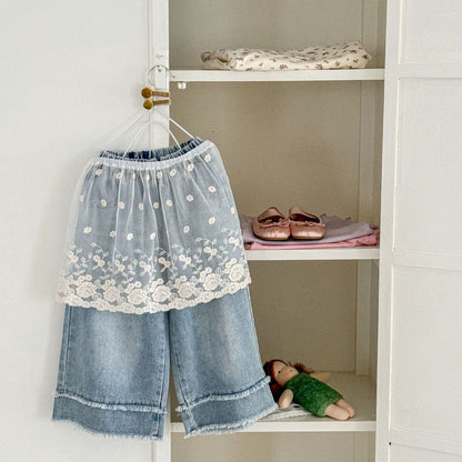 デニムパンツ ワイドストレートデニムパンツ 裾パッチワークルーズロングジーンズ【mh0009208】