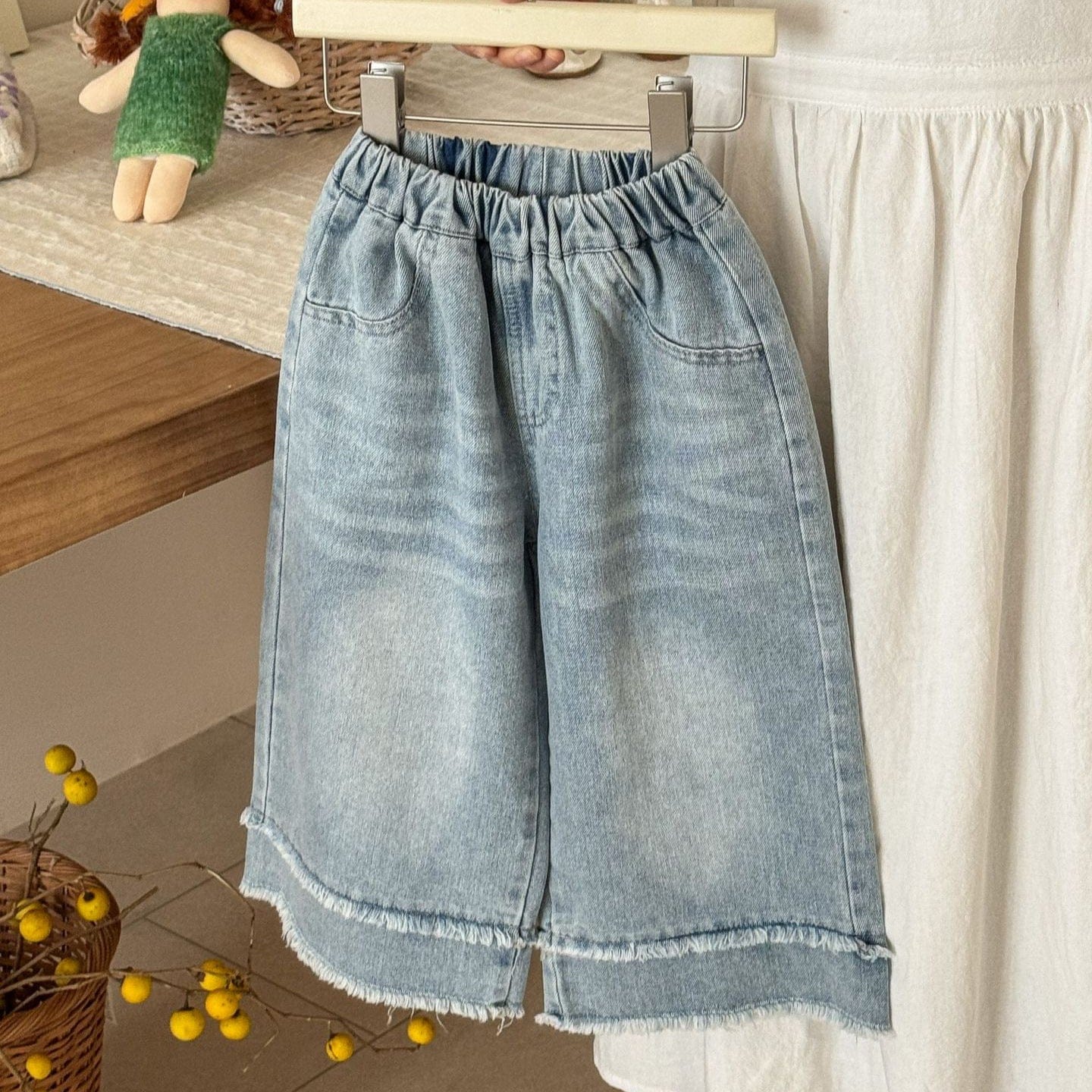 デニムパンツ ワイドストレートデニムパンツ 裾パッチワークルーズロングジーンズ【mh0009208】