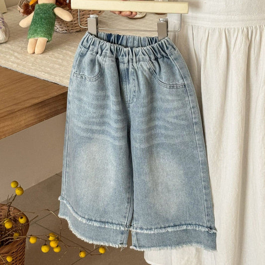 デニムパンツ ワイドストレートデニムパンツ 裾パッチワークルーズロングジーンズ【mh0009208】