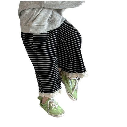 ロングパンツ・スウェットパンツ 裾レースボーダーワイドルーズイージーパンツ【mh0009215】