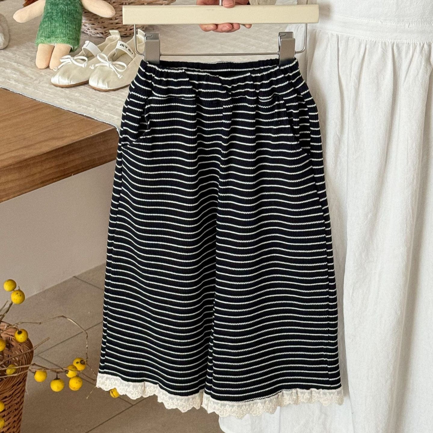 ロングパンツ・スウェットパンツ 裾レースボーダーワイドルーズイージーパンツ【mh0009215】