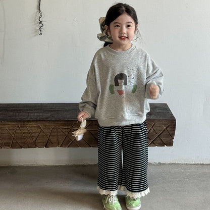 ロングパンツ・スウェットパンツ 裾レースボーダーワイドルーズイージーパンツ【mh0009215】