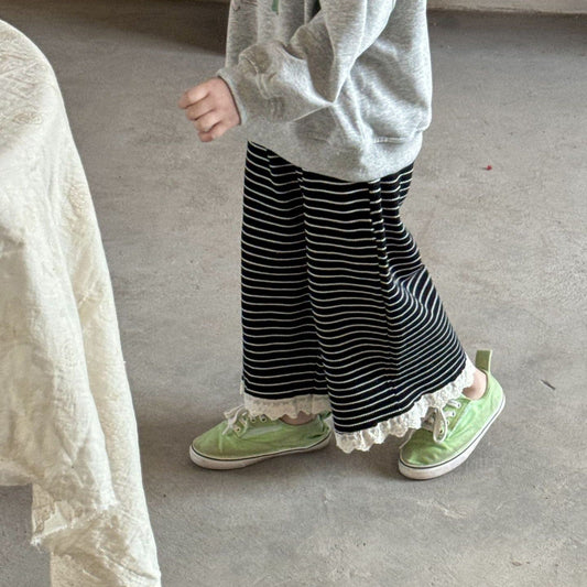 ロングパンツ・スウェットパンツ 裾レースボーダーワイドルーズイージーパンツ【mh0009215】