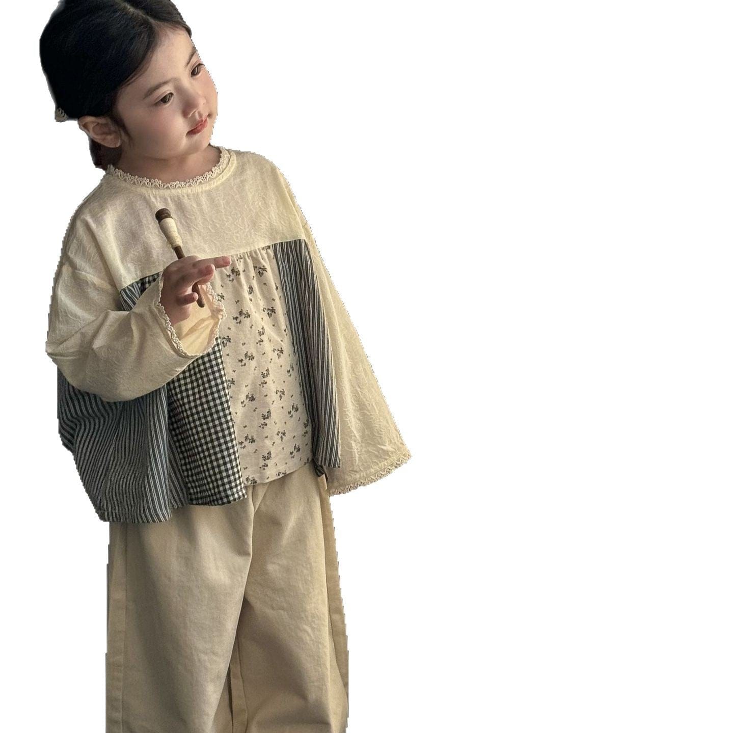 長袖シャツ・ブラウス パッチワーク長袖スモックチュニックブラウス【mh0009229】