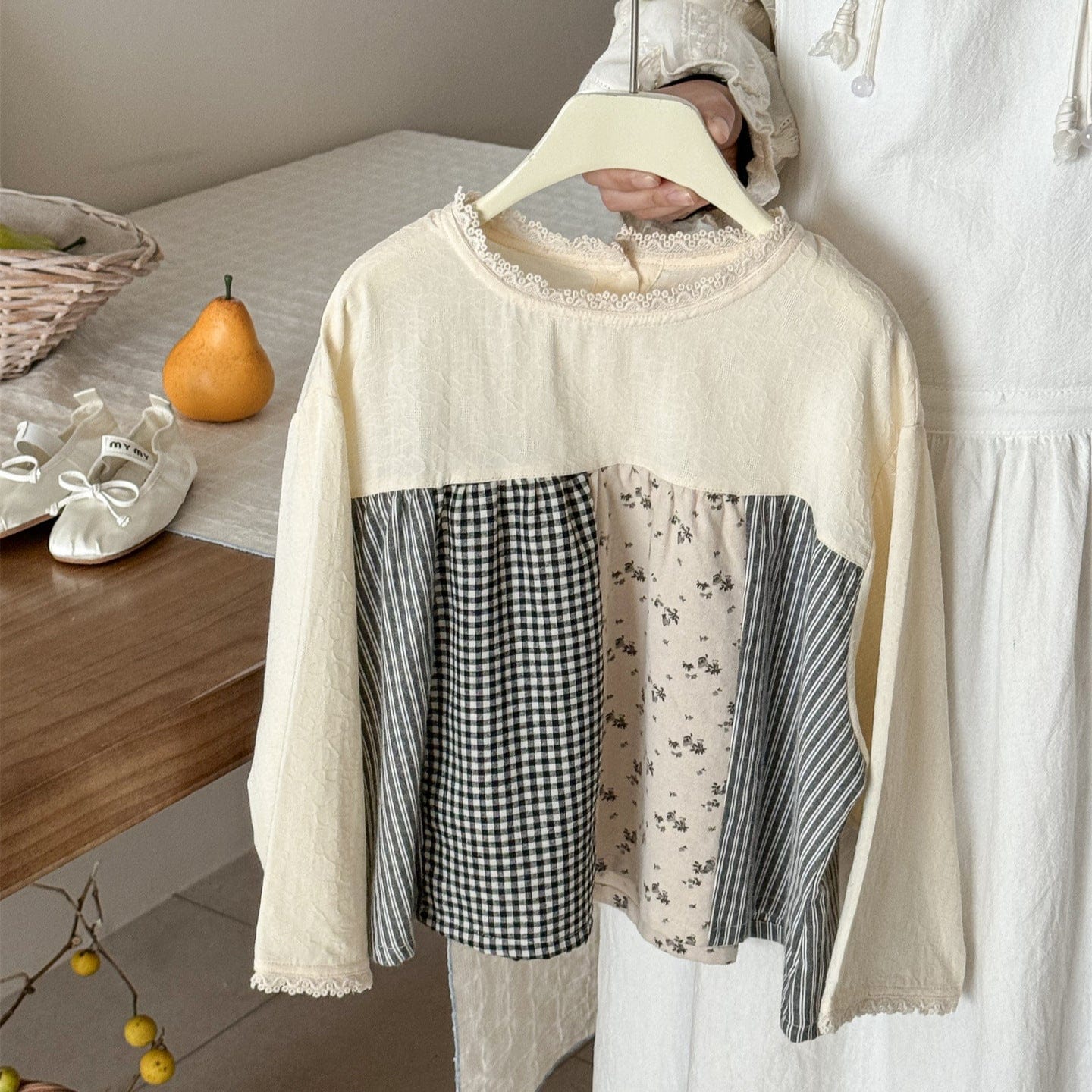 長袖シャツ・ブラウス パッチワーク長袖スモックチュニックブラウス【mh0009229】